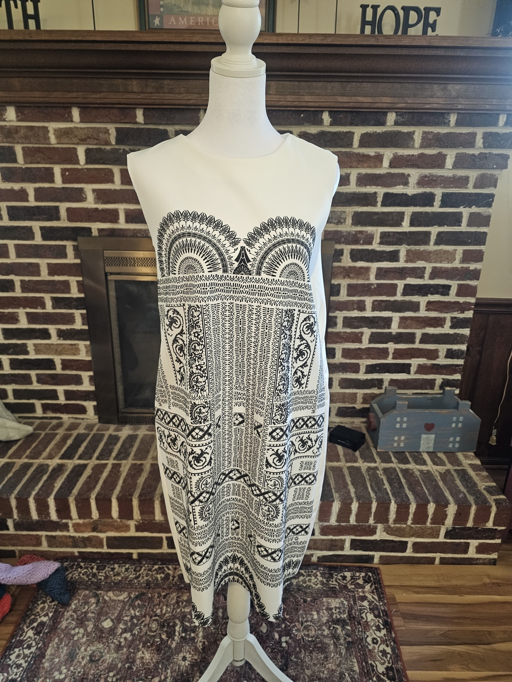 Zara White Midi Dress with Black Ornate Print